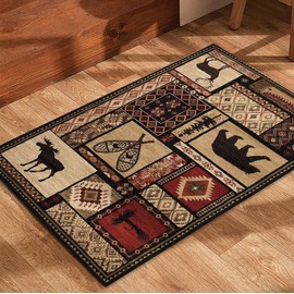 Qmkmyy Rustic Black Bear Deer Animals Print Patchwork Entry Rugs 2X3Ft Southwestern Tribal Washable Floor Door Mat for Home Kitchen Bathroom Entryway