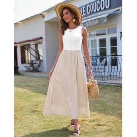 Zattcas Summer Dresses for Women 2025 Sleeveless Tank Top Patchwork Knit Crew Neck A Line Flowy Modest Business Casual Work Teacher Church Long Maxi Dress with Pockets White Apricot S