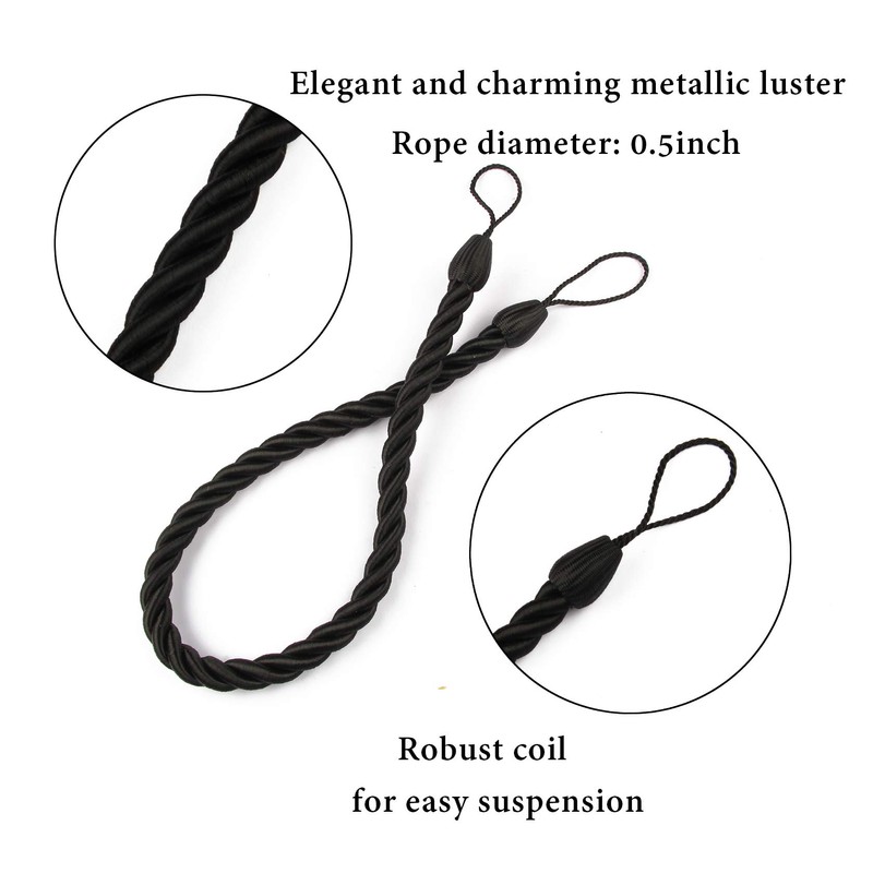BEL AVENIR Curtain Tiebacks Ropes Tie-Backs, Handmade Curtain Holdbacks (Black,