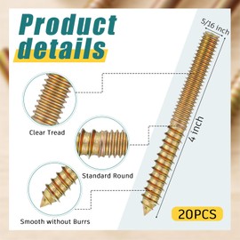 Hicarer 20 Pack 5/16-18 x 4 Inch Hanger Bolts Double Headed Bolts with Driver Self Tapping Screw Threaded Rod Screws for Furniture Double Headed for Wood Furniture Joint