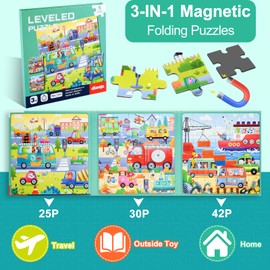 NEBURORA 97 Pieces Magnetic Transport Puzzle for Toddlers, Educational Travel Toy, Car Plane Activities for Kids, Magnetic Learning Puzzles, Birthday Gifts for Kids