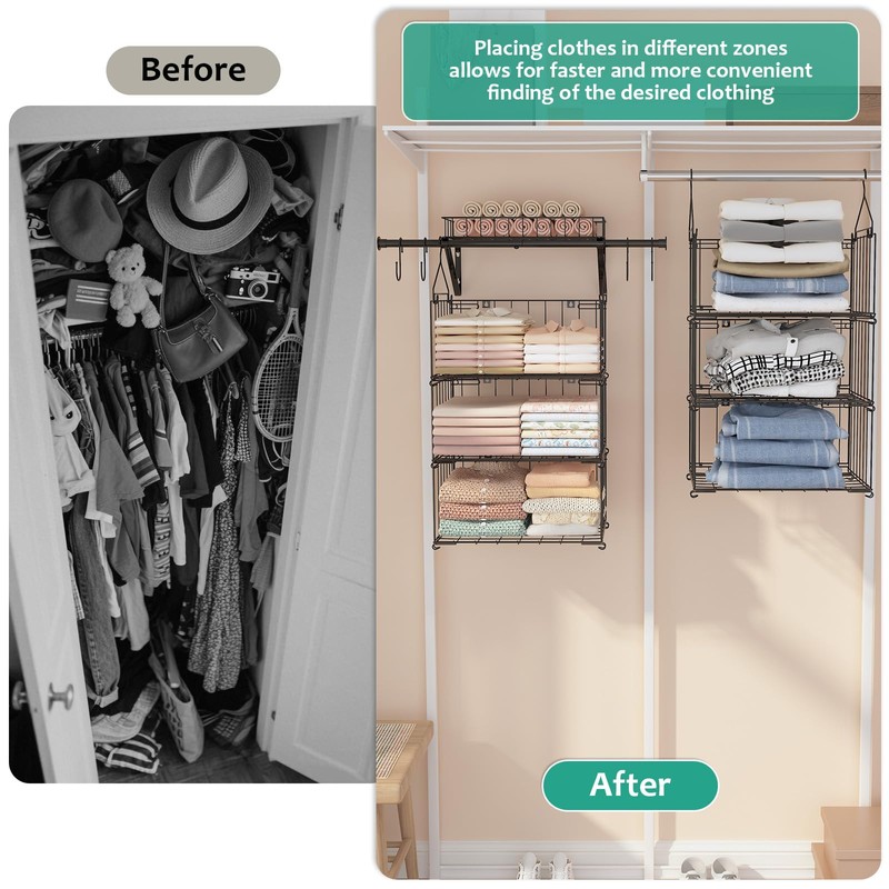 BUKFEN 3 Tier Hanging Closet Organizer, Wall Mounted Wire Storage