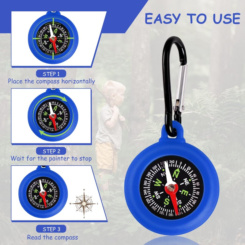 Pack of 6 Compass Children, Outdoor Compass with Carabiner Hook,