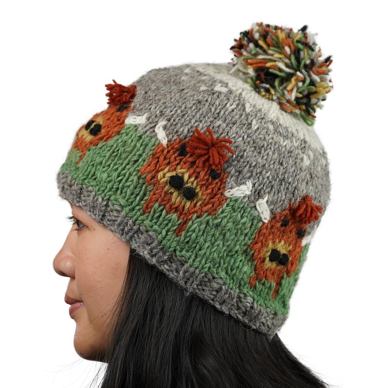 Pachamama Women Wool Bobble Beanie Hat Handknitted Highland Cow Design