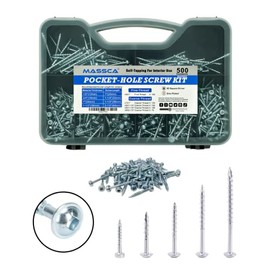 Massca - Kit surtido de tornillos de madera, tornillos de bolsillo con caja de almacenamiento de plástico, kit de surtido de 500 tornillos resistentes, rosca fina, tornillos chapados en zinc para
