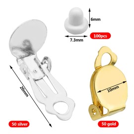 200 Pieces Round Flat Backs and Findings Set Including 100pcs Round Flat Back Tray Earring Clips + 100pcs Clip-on Earring Findings Pad Base for DIY Earring Making Jewelry