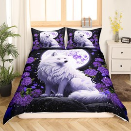 Cute Fox Duvet Cover Set Twin Size,Moon Starry Sky Night View Bedding Set Vintage Purple Flower Comforter Cover for Kids Girls Boys Woman Room Decor Nature Animals Plants Quilt Cover,1 Pillowcase