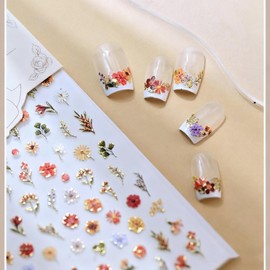 Flower Nail Stickers 5D Embossed Cute Little Daisy Art Stickers Self Adhesive Star-Shaped Flowers Nail Decals Dried Floral Nail Design Small Floral Designs Orange Nail Art Supplies for Women 1 Sheet