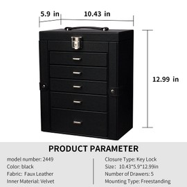 FEIYAN 6 Tier Jewelry Box, Jewelry Case with 5 Drawers, Large Storage Capacity, with Mirror, Lockable, Jewelry Storage Organizer, Gift for Loved Ones