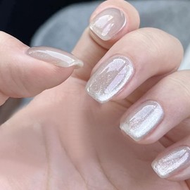 JUSTOTRY 24 Pcs Cat Eye Fake Nails Short Pattern,White and Silvery Glitter Square Press on Nails,Glossy Stick on Nails Medium for Nail Art,French Squoval Cateye False Nail for Women Gifts