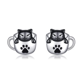 Cat Earrings 925 Sterling Silver Black Cat Stud Earrings Cat Jewellery Animal Stud Earrings for Women, Sterling Silver, No Gemstone