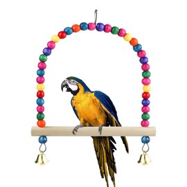WishLotus Bird Swing Toy with Perch Stand and Bell, Natural Wooden Colorful Bird Toy Bird Toy for Small Sized Birds Budgie Parakeet Cockatiel Cockatoo (Log-Colored, L)