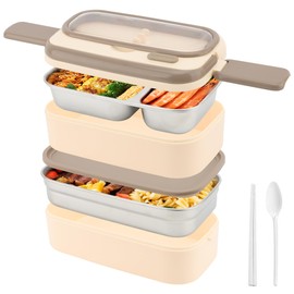 MEKOTRIN Lunch Box, Stackable 2 Layer Box for Men Women, 47.3oz/1400ml Reusable Leak-Proof Lunch Containers with Spoon Chopsticks and Thermal Bag for Adult Party Car Office