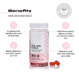 Hair, Skin & Nails Vitamin Gummies by Known | 60 Two-a-Day Vitamin Gummies (3 Month’s Supply) | Natural Botanical Extract | for Healthy Hair, Skin & Nails | Strawberry Flavoured Gummies (Pack of 3)