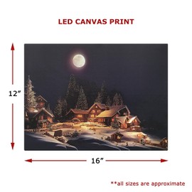 BANBERRY DESIGNS Lighted Canvas Print Features a Snowy Christmas Village Winter Scene - Under a Full Moon - Measures 16" x 12"
