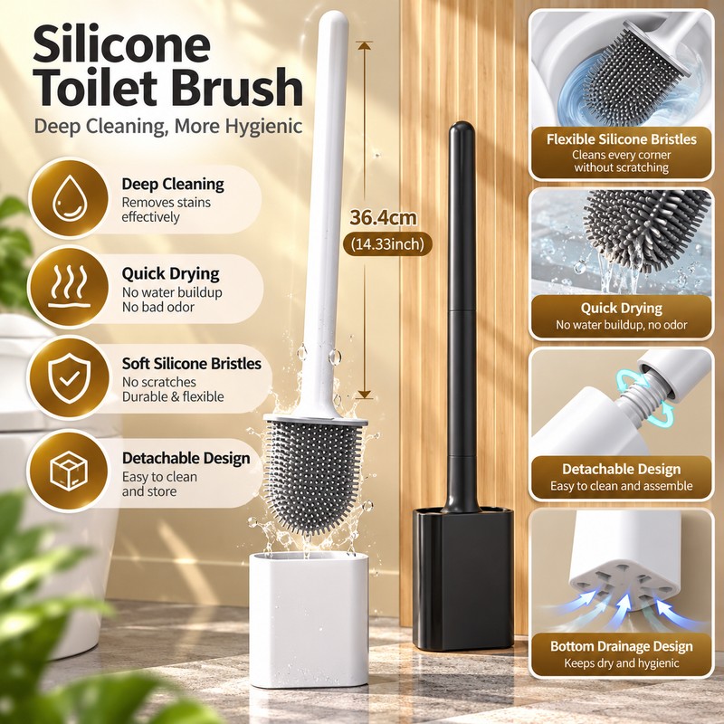 Silicone Toilet Brush for Bathroom Cleaning – Long Handle Wall-Mounted