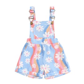 Adobabirl Toddler Baby Girl Overalls Daisy Floral Print Romper Suspender Shorts Jumpsuit Cute Summer Outfits Clothes (Blue Daisy, 3-4 Years)