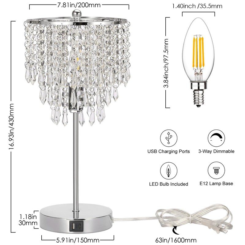 Touch Control Crystal Table Lamp with USB C+A Charging Ports,
