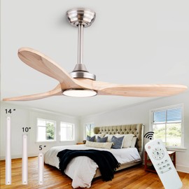 QUTWOB 42" Wood Ceiling Fans with Lights and Remote Control,Indoor Outdoor 3 Blades Wooden Ceiling Fan for Garage,Patio,Living Rooms,Bedrooms,Offices,Farmhouse(Nickel+Raw Wood)