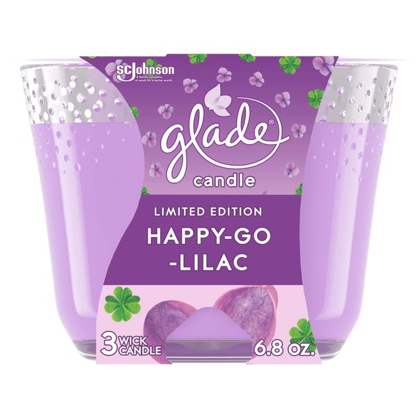Glade Candle Happy-Go-Lilac, Fragrance Candle Infused with Essential Oils, Air Freshener Candle, 3-Wick Candle, 6.8oz