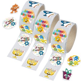 Hanukkah Sticker Roll, Chanukkah Menorah with Candle, Gift-Box, Dreidel, Happy Hanukkah Sticker Roll 150 Count (3-Pack)