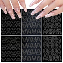 SILPECWEE 6 Sheets French Tip Nail Guides, Airbrushes Nail Art Stickers Decals Self-Adhesive Lace Moon Shaped French Manicure Strip for Edge Auxiliary DIY Decoration Stencil Tools for Women Girl