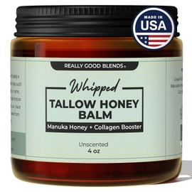 Bálsamo de sebo batido con miel de manuka – 4 onzas | Mantequilla corporal que estimula el colágeno | Hidratante de sarga de res 100% orgánica con Gotu Kola y rosa mosqueta | Crema para rostro, cuerpo y piel | Fabricado en Estados Unidos (sin perfume)