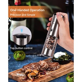 USB-C Rechargeable Electric Salt & Pepper Grinder Set - External Adjustable Coarseness (6 Settings), Large Capacity, Dual-Speed Control, One-Hand, LED, Stainless Steel (2 Pack)