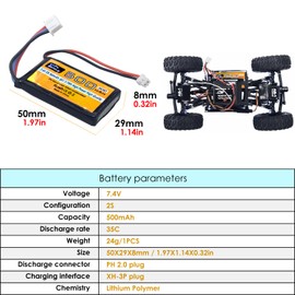 MOONZON 2PCS 7.4V 500mAh 30C PH2.0 Plug Lipo Battery with 2-in-1 Charger Suitable for AX24 SCX24 RC Vehicle Compatible with Most 1/10, 1/16, 1/18, 1/24 Proportional RC Vehicles and Trucks
