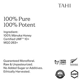 Tahi Raw Manuka Honey New Zealand UMF 10+ Certified (MGO 263+) - 100% Sustainable, Monofloral and Natural Honey - Non-GMO, Glyphosate-Free and Gluten-Free - New Zealand Manuka Pure Honey - 14.1oz