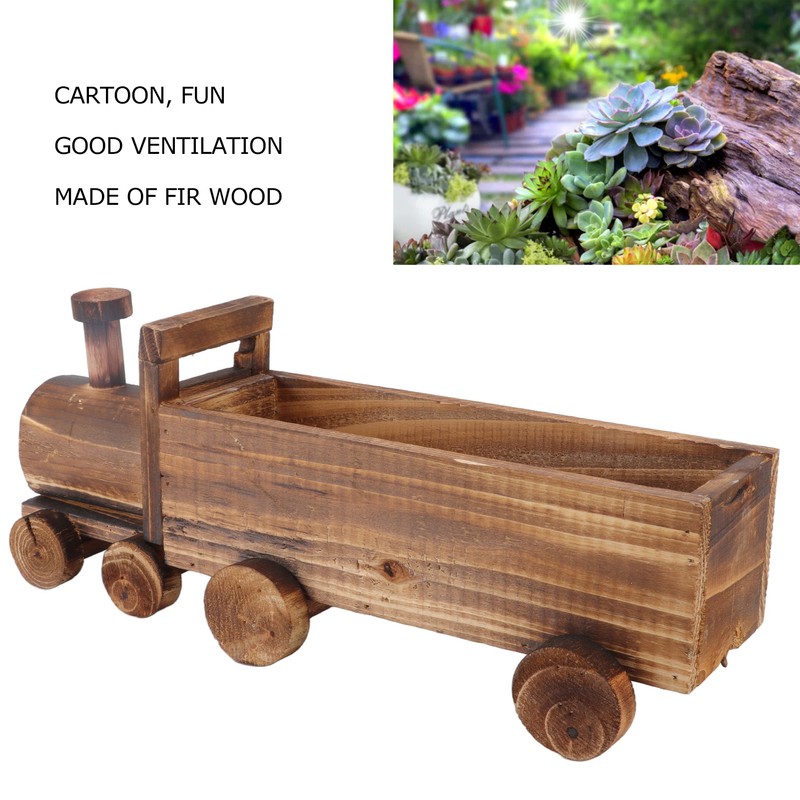 Wooden Flower Pot Cartoon Train Shape Good Ventilation Succulent Flower
