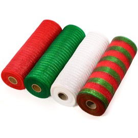 Koopi Deco Mesh 10 inch x 10 Yards Christmas Colors - Red, Green, White, Red and Green Striped Metallic Foil Poly Mesh Ribbons for Wreaths, Swags, Craft, Party and Decorating Supplies - 4 Rolls