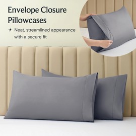 LuxClub Collection Pillowcases 2 Pack - Eco Friendly Wrinkle Free Cooling Pillow Cases with Satin Trim - Machine Washable Hotel Bedding Silky Soft - Light Grey King