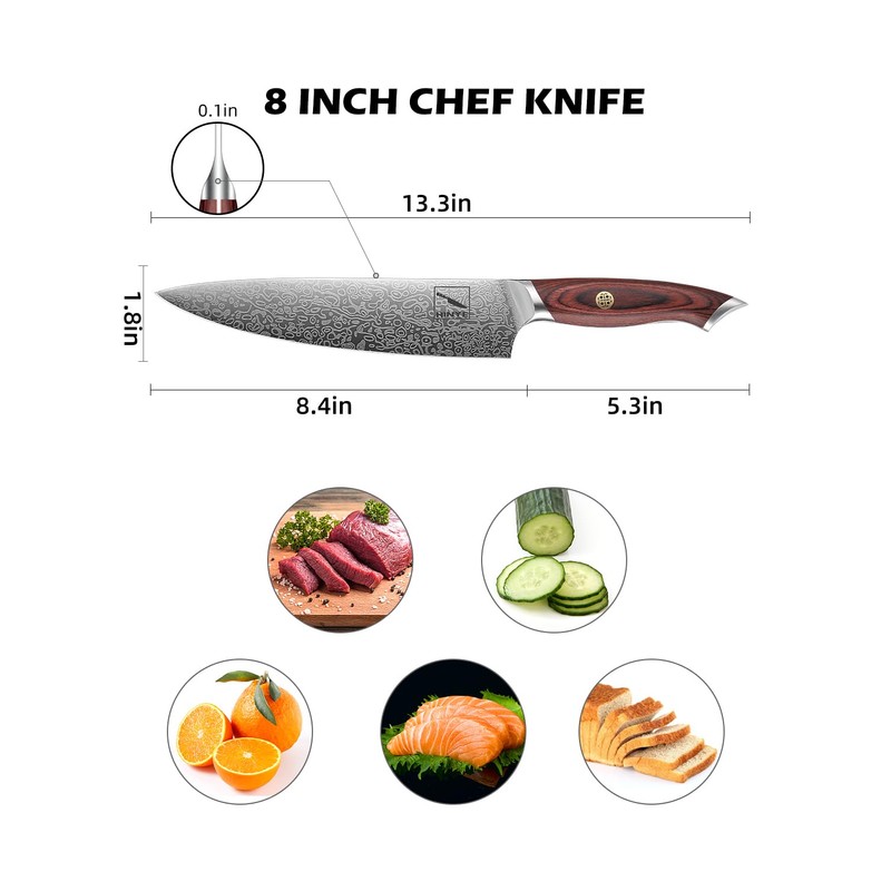 Hinye 8" High Carbon Stainless Steel Kitchen Chef Knife, Redwood