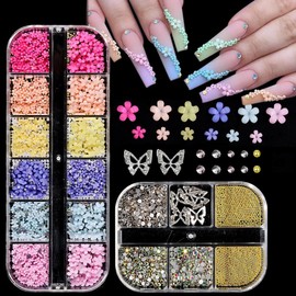 ITPOYOL Nail Art Charms Flatback Rhinestones 3D Flower Nail Charms and Gems Gold Beads Butterfly Charm Luxurious Design White Pearls Jewelry Accessories for Women Manicure Supplies Decorations