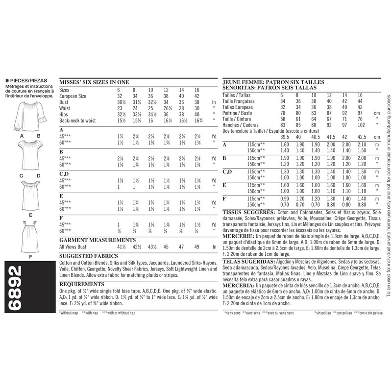 New Look Sewing Pattern 6892: Misses Tops, Size A, A