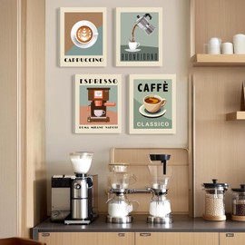 BINCUE 4-Piece Retro Coffee Canvas Pictures, Wall Art, Coffee Bar, Kitchen Wall Decoration, Cafe Coffee Cup, Coffee Beans, Breakfast Pictures Decoration for Home, Dining Room, Bakery, Coffee Shop, 20