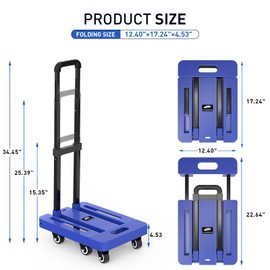 SPACEKEEPER Folding Hand Truck, 500 LB Capacity Luggage Cart, Portable Folding Dolly with 6 Wheels and 2 Elastic Ropes for Luggage, Personal, Travel, Auto, Moving and Office Use, Blue