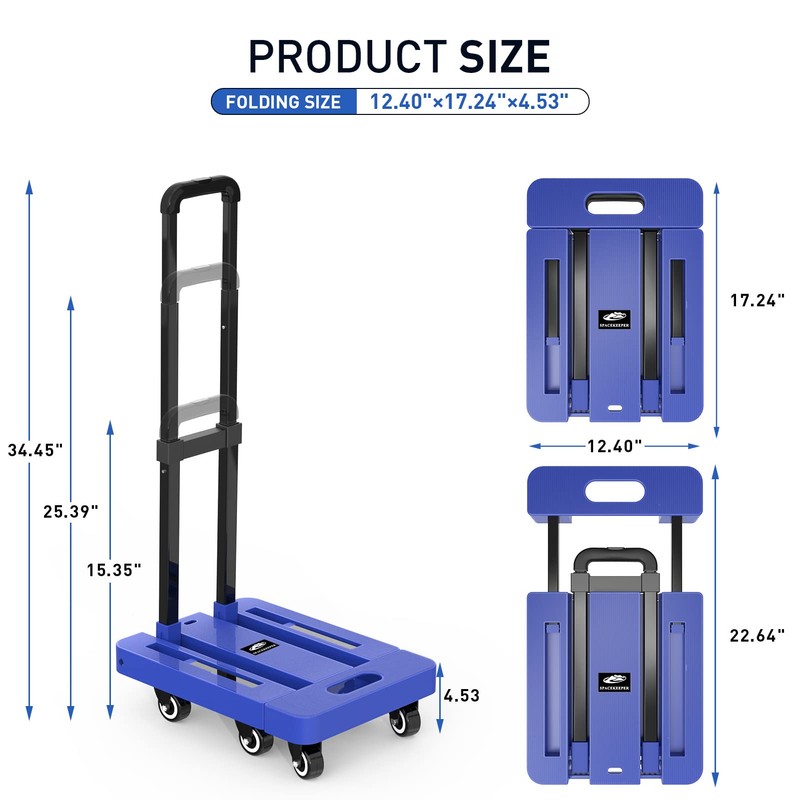 SPACEKEEPER Folding Hand Truck, 500 LB Capacity Luggage Cart, Portable
