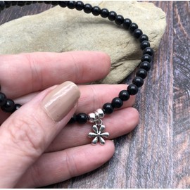 Daisy Flower Charm Anklet with 6mm Black Acrylic Beads on Elastic - Size M 10 inches