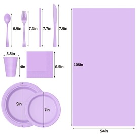 JHDZDHY 404 Pieces Disposable Plastic Dinnerware Set, Plastic Cutlery Set Includes 50 Of Each Dinner Plates|Dessert Plates|Cups|Napkins|Straws|Spoons, Forks & Knives (Lavender, 404PCS（50 Guests）)