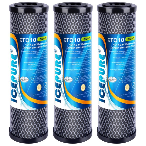 ICEPURE 1 Micron 2.5" x 10" Whole House CTO Carbon Sediment Water Filter Cartridge Compatible with DuPont WFPFC8002, WFPFC9001, SCWH-5, WHCF-WHWC, WHCF-WHWC, FXWTC, CBC-10, RO Unit, Pack of 3