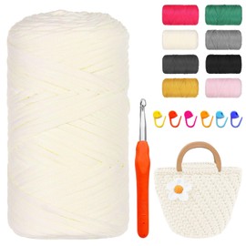 T-Shirt Yarn for Crochet, 400 g/120 m T-Shirt Yarn, Milky White Textile Yarn, Ribbon Yarn for Crochet, Chunky Yarn with 9.0 mm Crochet Hook for Crochet Bags, Baskets, Carpets, Home Decoration, DIY