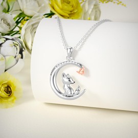LWXIE Diamond Fox Necklace 925 Sterling Silver Moon Fox Butterfly Pendant Necklaces Animal Jewelry Gifts for Women, Sterling Silver, Diamond