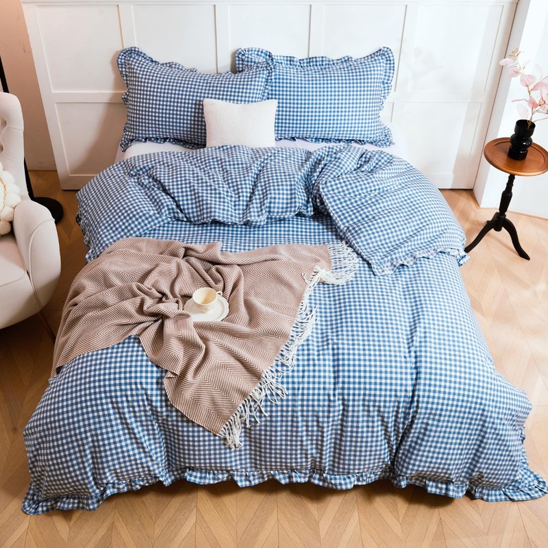 100% Cotton Ruffle Gingham Duvet Cover Sets Classic Checkered Queen