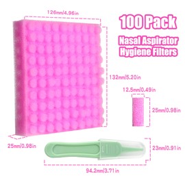 Qunlions life Replacement for Nosefrida Nasal Aspirator Filters, 100-Pack of Premium Nasal Aspirator Hygiene Sponges, with Nose Cleaning Tweezers (Red,100 Count)