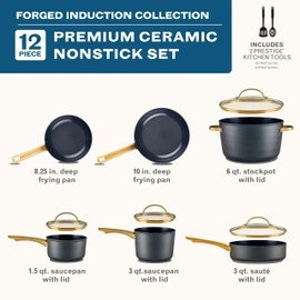 Farberware Forged Induction Ceramic Nonstick Pots and Pans Set with Lids and Kitchen Cooking Tools - Dishwasher Safe, Suitable for All Stovetops, 12 Piece Cookware Set - Black and Gold