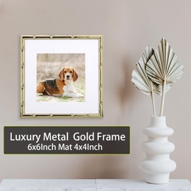 YiPinYin 6x6'' Sqaure Gold Metal Picture Frame With Mat for 4x4'' Set of 2, Bamboo Detail Designs Gold Plated Photo Frames 4x4'' With Soft Velvet Backing for Desktop and Wall Décor(Gold)