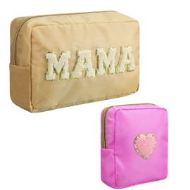 2 Pcs Mama Chenille Letter Preppy Makeup Bag Nylon Preppy Bag Cosmetic Makeup Pouch Portable Preppy Organizer with Zipper for Women Mother Girls Gifts Travel, 2 Sizes, Beige and Pink