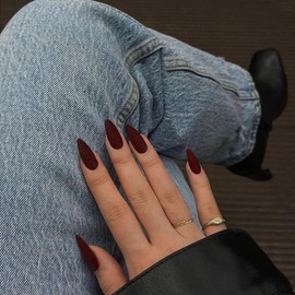 SXVME Soft Gel Press on Nails Almond Shape, Matte Dark Red False Nails Medium Length, Natural Solid Color Fake Nails Set, Burgundy Stick on Nail for Women Fall Winter 24 Pcs